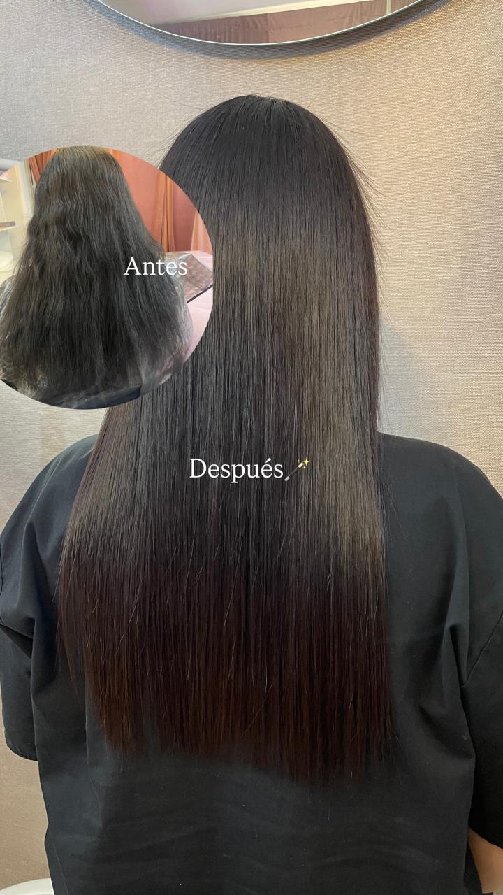 Antes y después de un alaciado en cabello oscuro: resultado uniforme, largo y luminoso