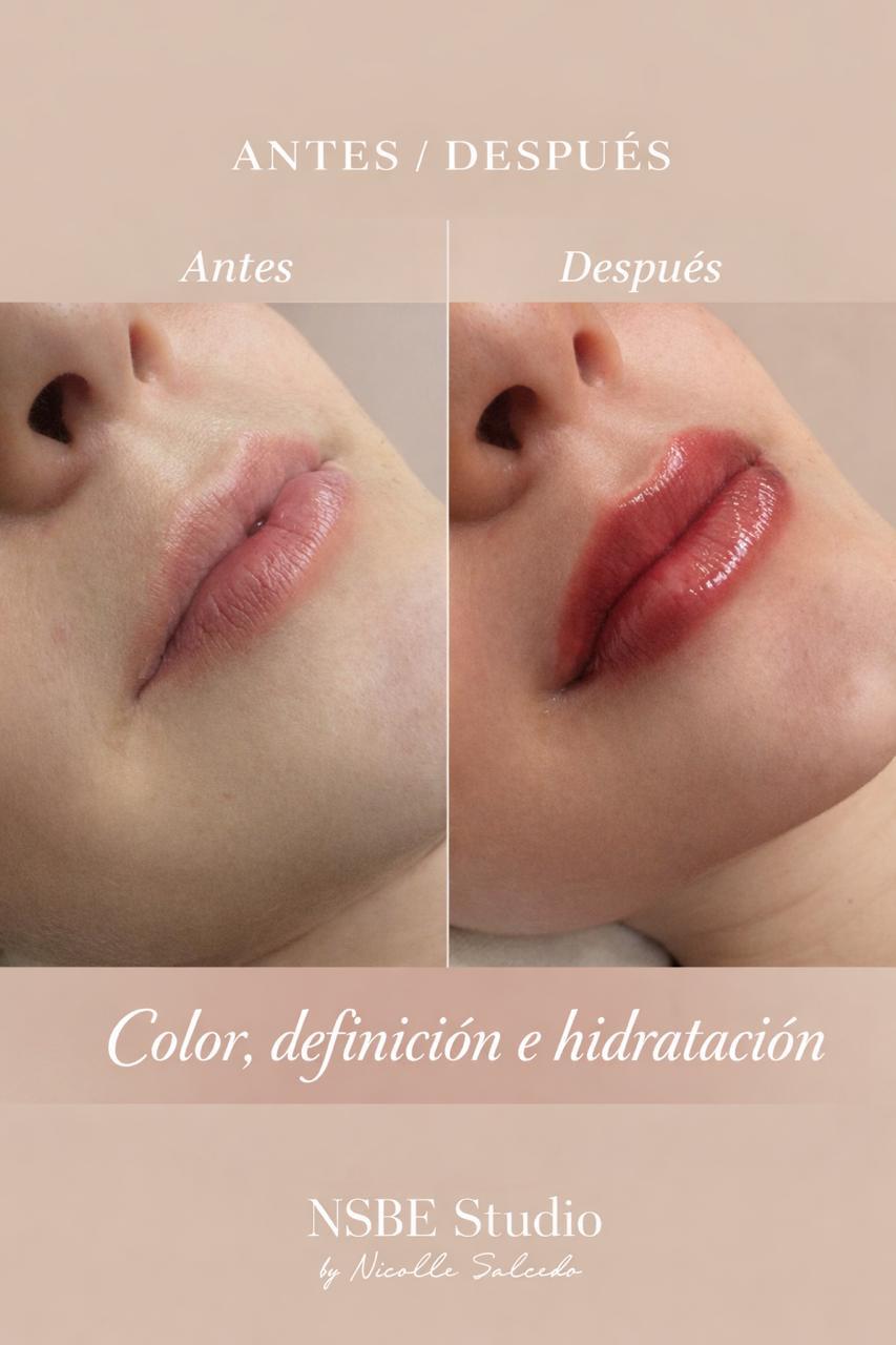 Antes y después de micropigmentación de labios en NSBE Studio