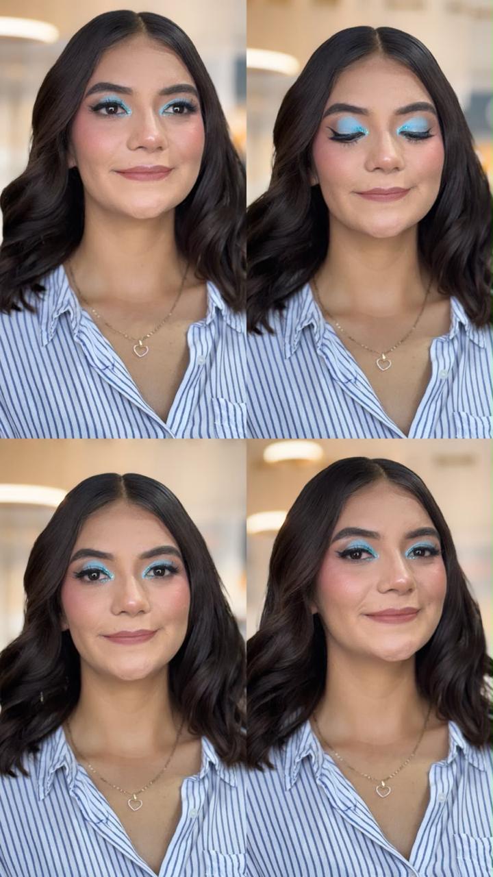 Maquillaje de ojos azul con delineado alado en cuatro vistas